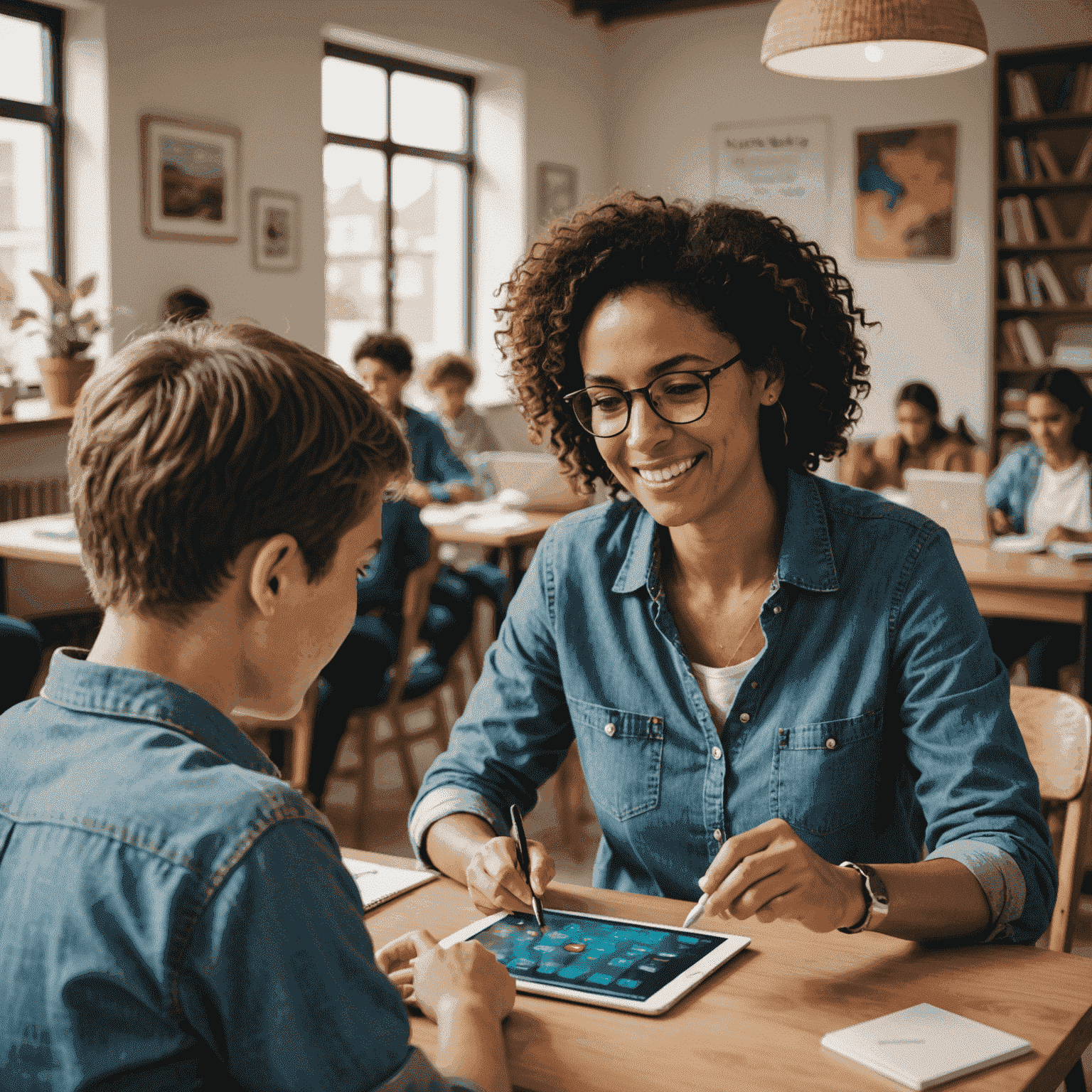 Un tutor profesional utilizando una tableta para enseñar español de manera interactiva a un estudiante entusiasmado