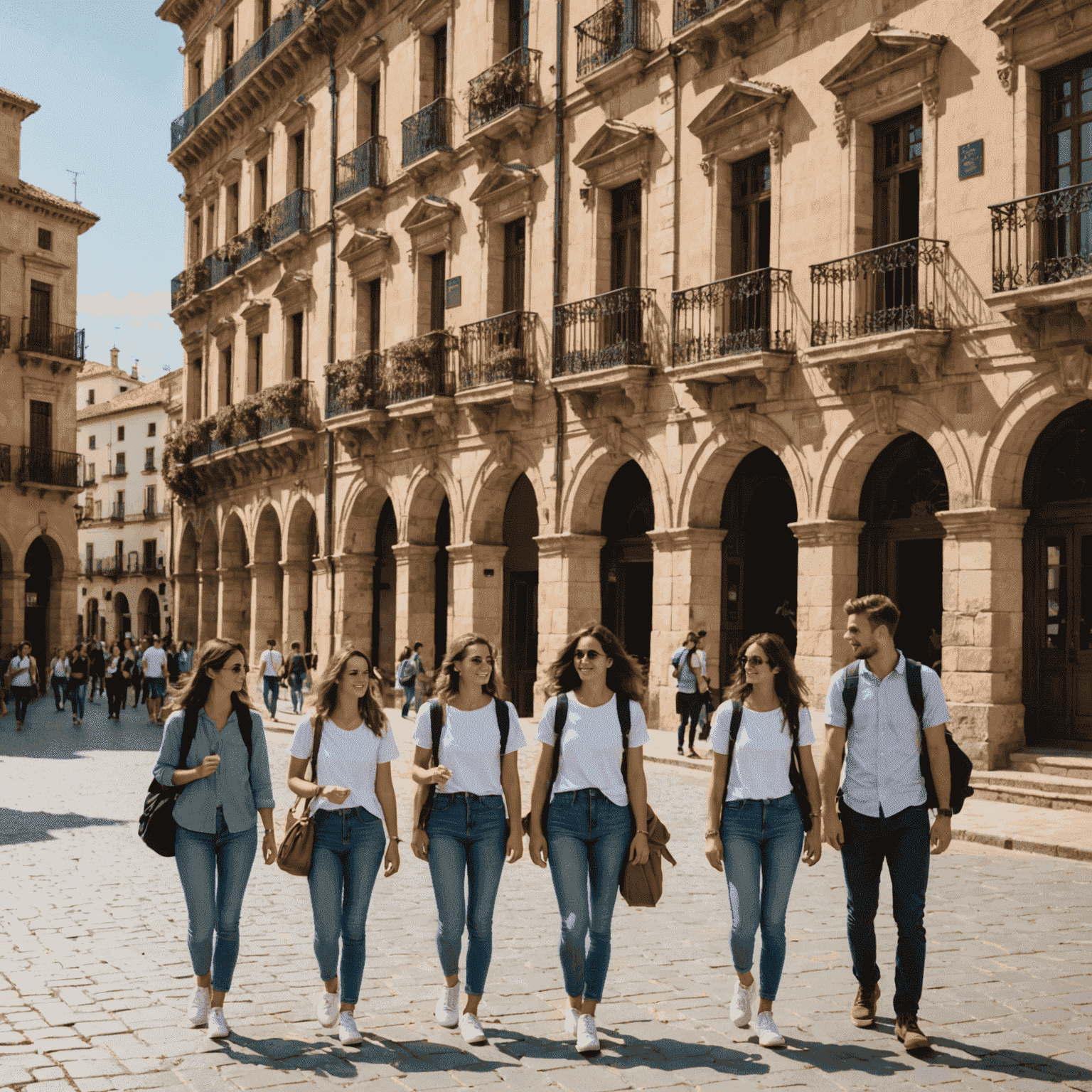 Grupo de estudiantes explorando una plaza histórica en España, rodeados de arquitectura tradicional y disfrutando de la cultura local