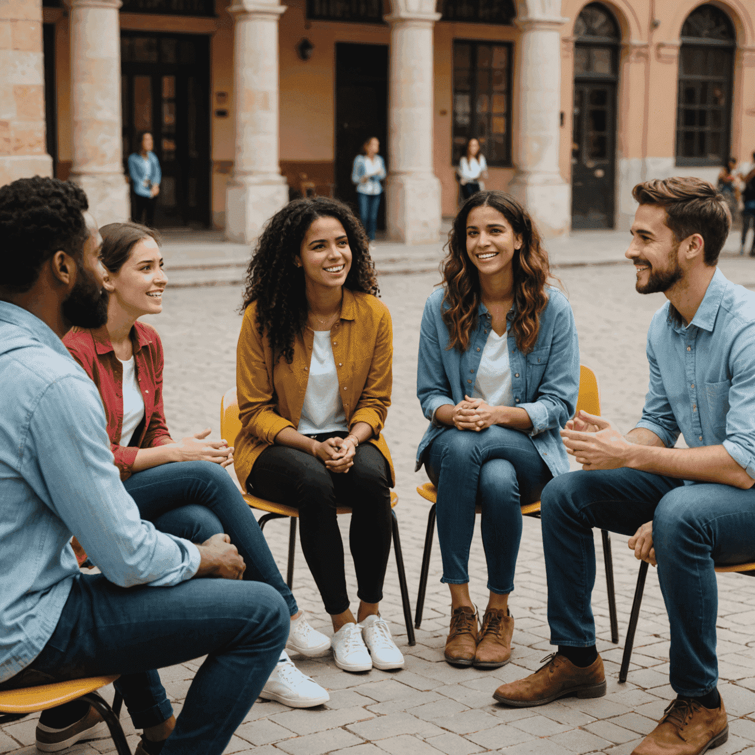 Grupo diverso de estudiantes participando en una sesión de práctica de conversación en español, sentados en un círculo y hablando animadamente