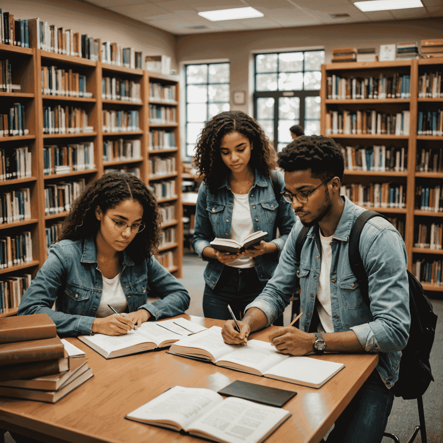 Estudiantes diversos preparándose para el examen de español en una biblioteca, rodeados de libros y materiales de estudio