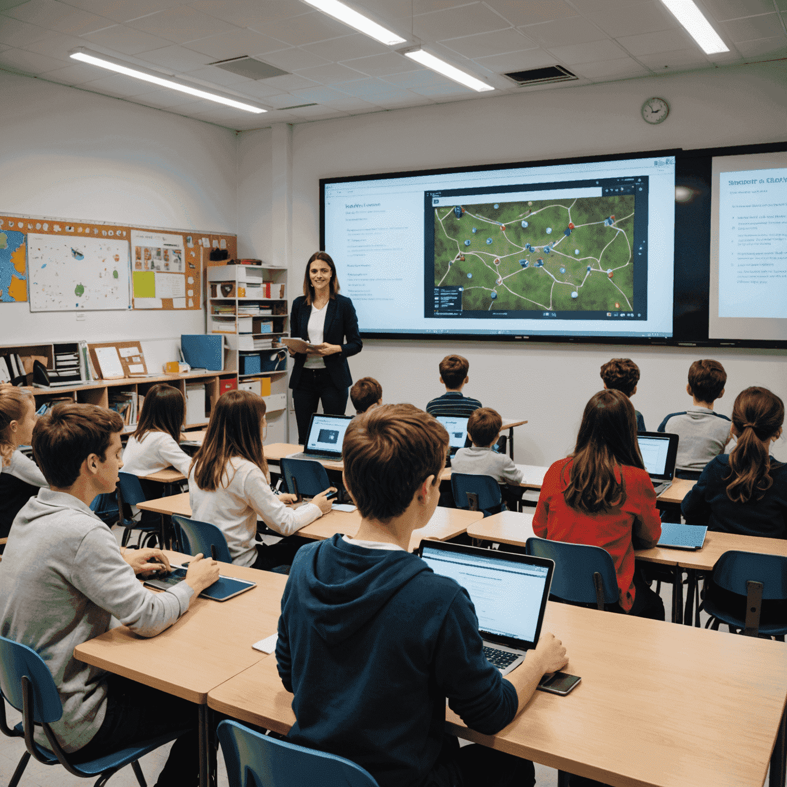 Imagen de una clase innovadora en España con estudiantes y tutor utilizando tecnología moderna para el aprendizaje personalizado