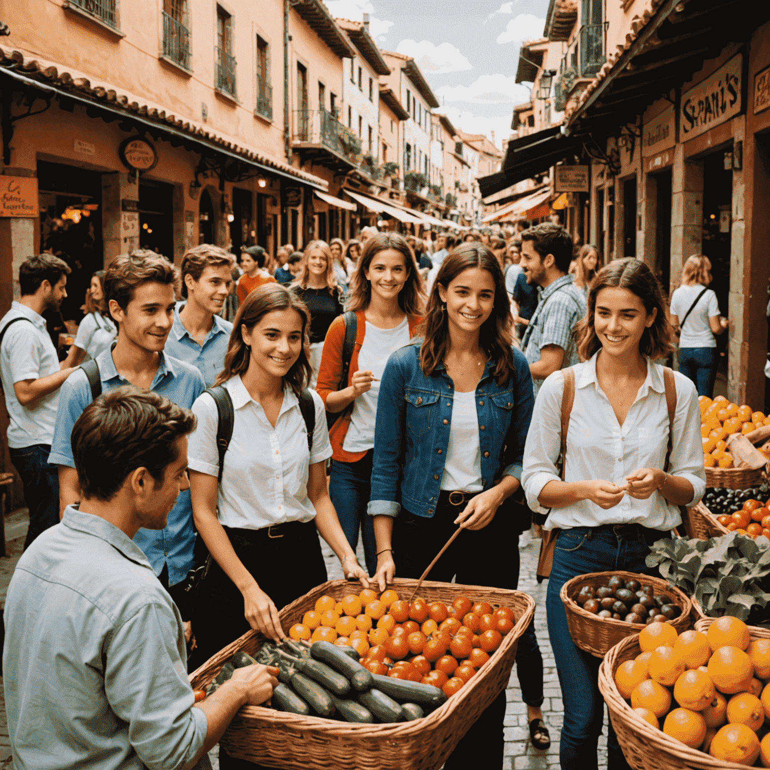 Un grupo diverso de estudiantes explorando un mercado tradicional español