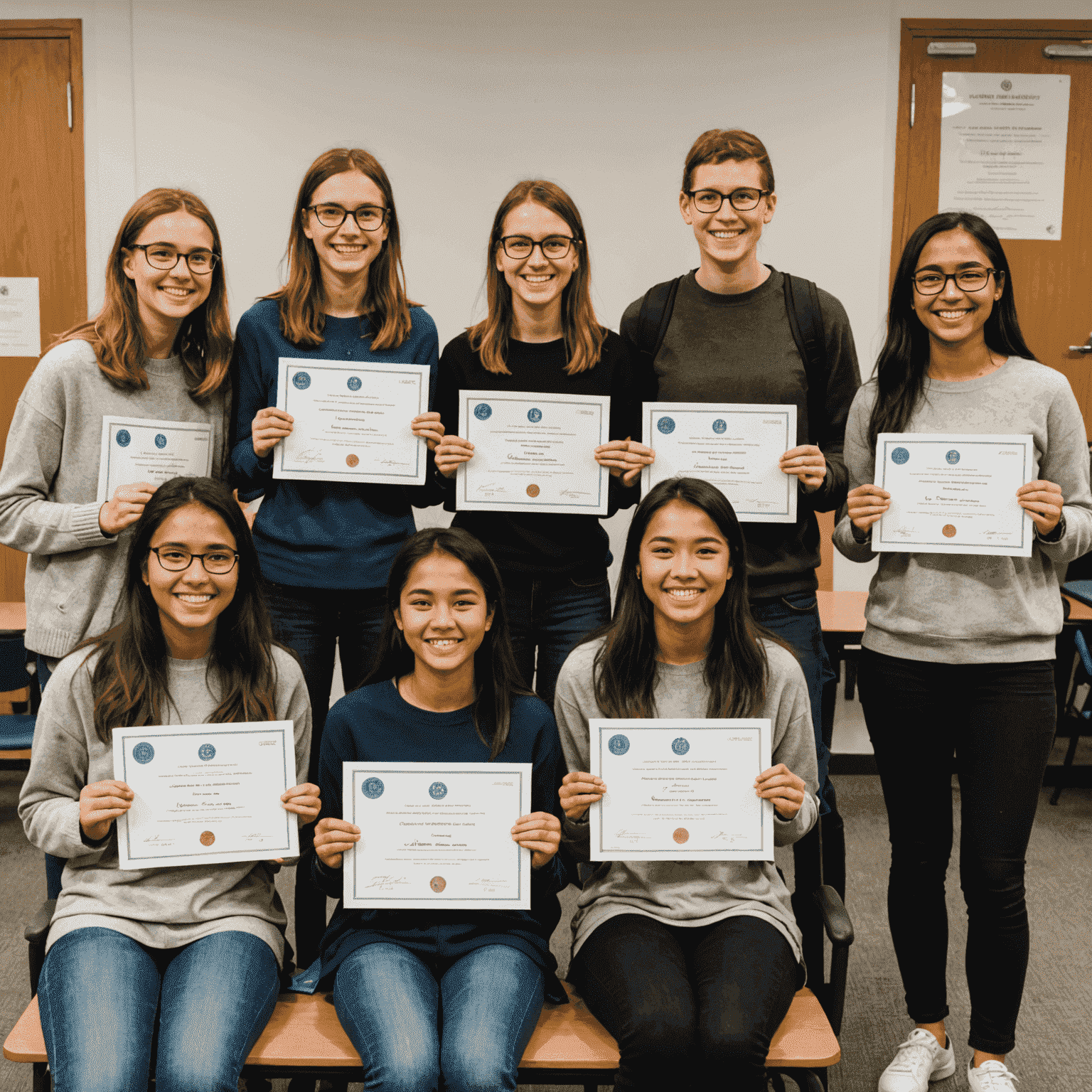 Imagen de estudiantes sonrientes con sus tutores personales, mostrando certificados de logros académicos