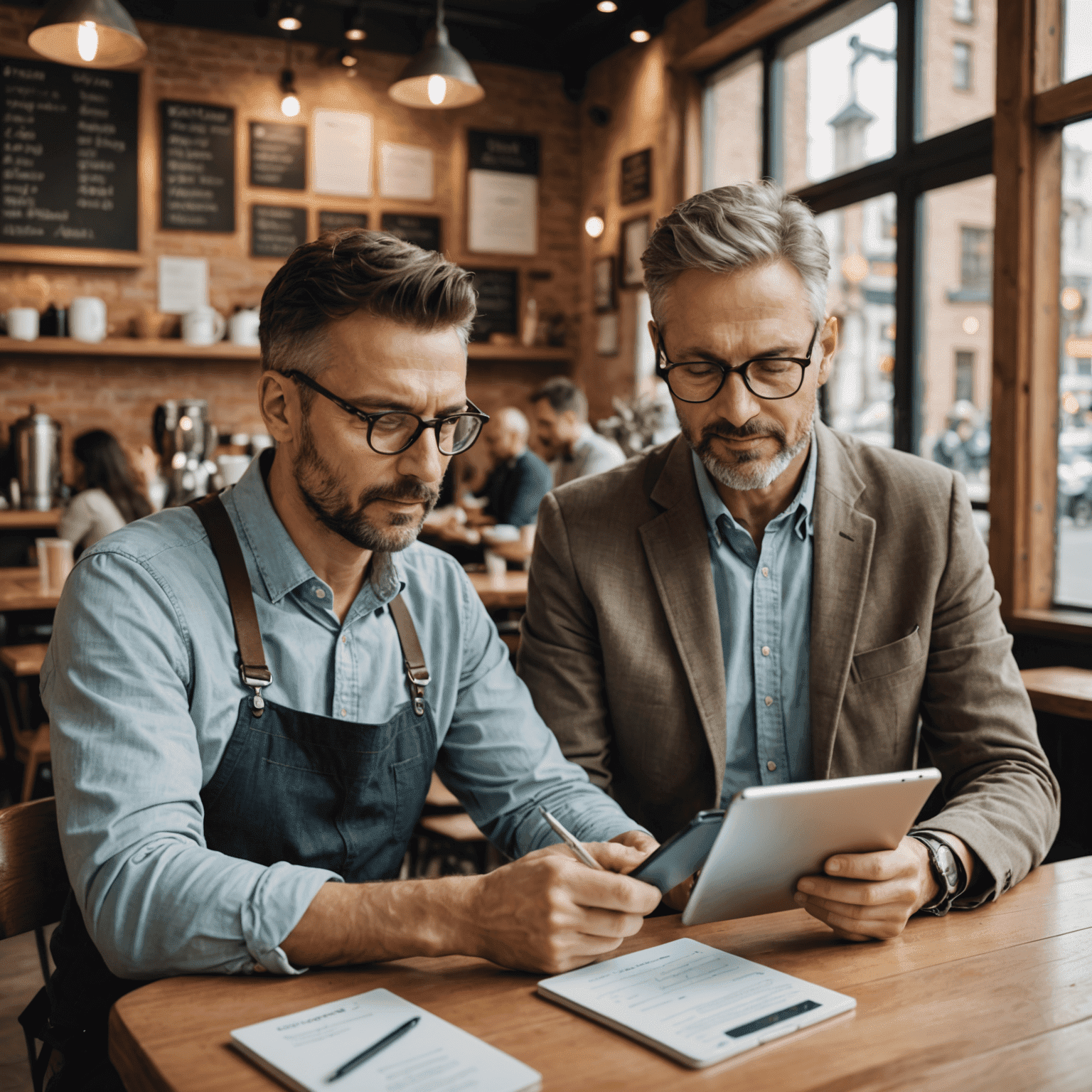 Hombre adulto sentado en un café, practicando un nuevo idioma con su tutor, utilizando tarjetas de vocabulario y una tablet