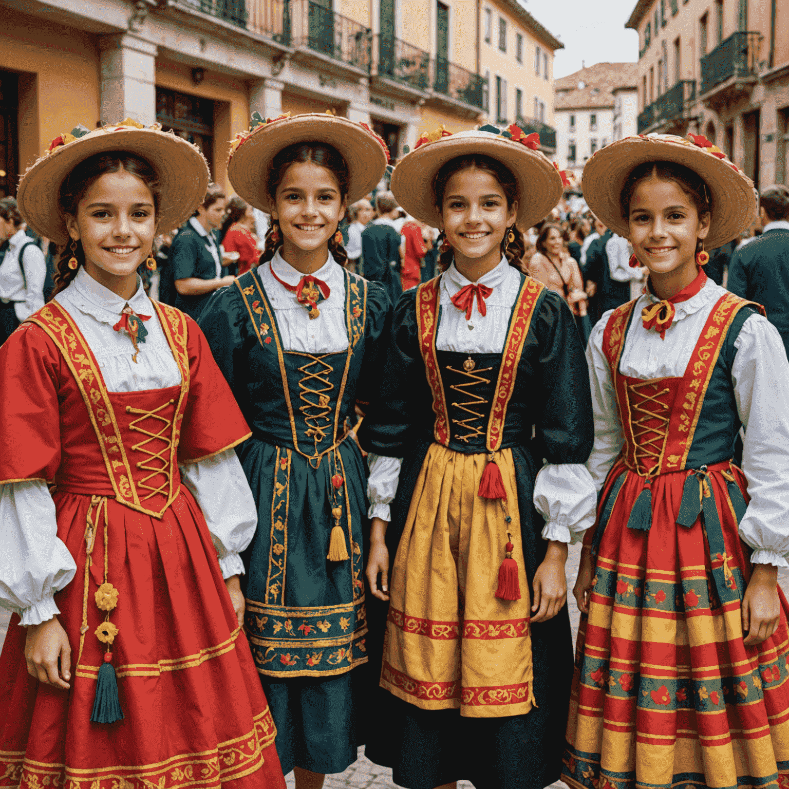 Estudiantes participando en un festival local español, vestidos con trajes tradicionales